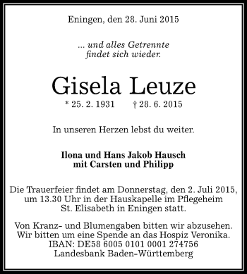 Anzeige von Gisela Leuze von Reutlinger Generalanzeiger