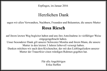 Anzeige von Rosa Riesch von Reutlinger Generalanzeiger