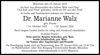 Anzeige von Marianne Walz von Reutlinger Generalanzeiger