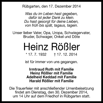 Anzeige von Heinz Rößler von Reutlinger Generalanzeiger