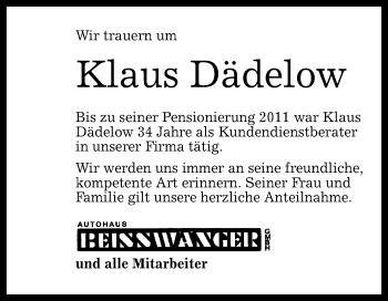 Anzeige von Klaus Dädelow von Reutlinger Generalanzeiger