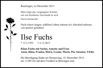 Anzeige von Ilse Fuchs von Reutlinger Generalanzeiger