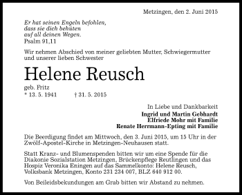 Anzeige von Helene Reusch von Reutlinger Generalanzeiger
