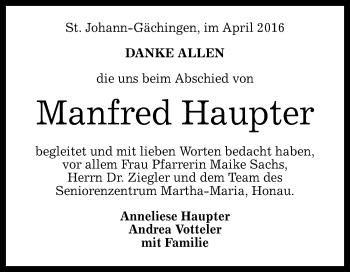 Anzeige von Manfred Haupter von Reutlinger Generalanzeiger