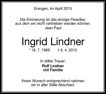 Anzeige von Ingrid Lindner von Reutlinger Generalanzeiger