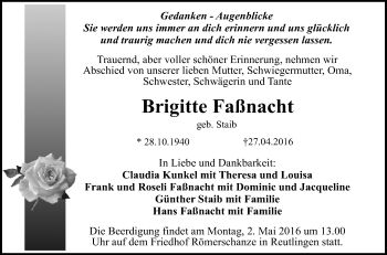 Anzeige von Brigitte Faßnacht von Reutlinger Generalanzeiger