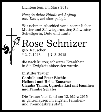 Anzeige von Rose Schnizer von Reutlinger Generalanzeiger