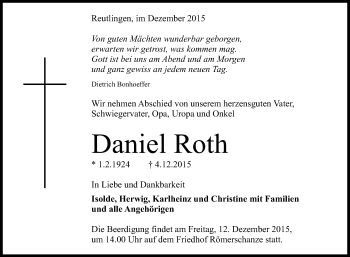 Anzeige von Daniel Roth von Reutlinger Generalanzeiger