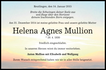 Anzeige von Helena Agnes Mullion von Reutlinger Generalanzeiger