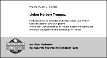 Anzeige von Herbert Trumpp von Reutlinger Generalanzeiger