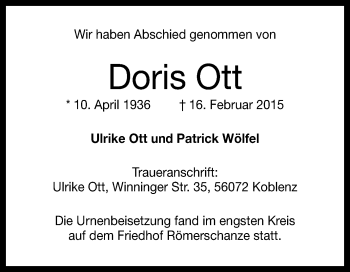 Anzeige von Doris Ott von Reutlinger Generalanzeiger