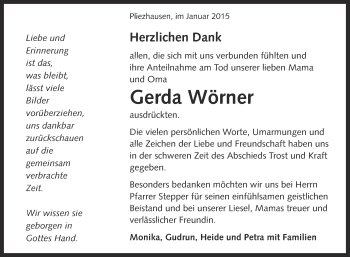 Anzeige von Gerda Wörner von Reutlinger Generalanzeiger