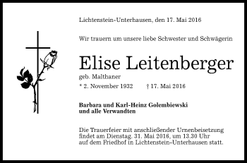 Anzeige von Elise Leitenberger von Reutlinger Generalanzeiger