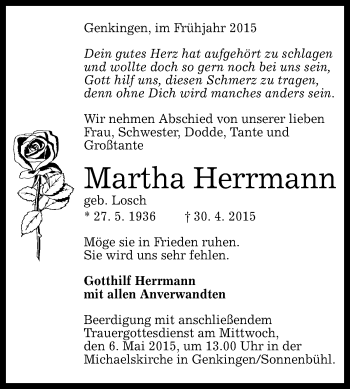 Anzeige von Martha Herrmann von Reutlinger Generalanzeiger
