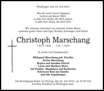 Anzeige von Christoph Marschang von Reutlinger Generalanzeiger