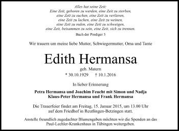 Anzeige von Edith Hermansa von Reutlinger Generalanzeiger