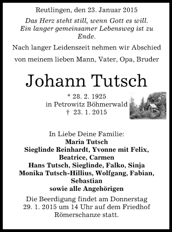 Anzeige von Johann Tutsch von Reutlinger Generalanzeiger