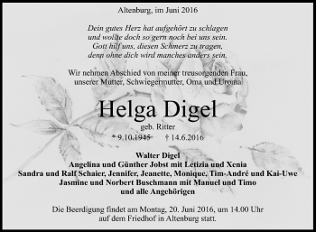 Anzeige von Helga Digel von Reutlinger Generalanzeiger