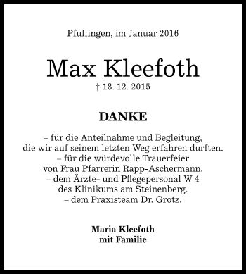 Anzeige von Max Kleefoth von Reutlinger Generalanzeiger