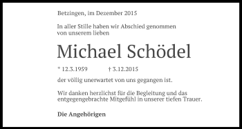 Anzeige von Michael Schödel von Reutlinger Generalanzeiger