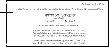 Anzeige von Hannelore Schöpfer von Reutlinger Generalanzeiger