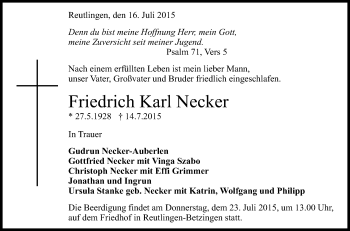 Anzeige von Friedrich Karl Necker von Reutlinger Generalanzeiger