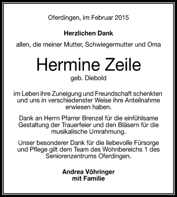 Anzeige von Hermine Zeile von Reutlinger Generalanzeiger