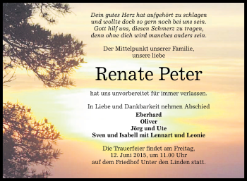 Anzeige von Renate Peter von Reutlinger Generalanzeiger