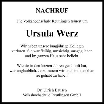 Anzeige von Ursula Werz von Reutlinger Generalanzeiger