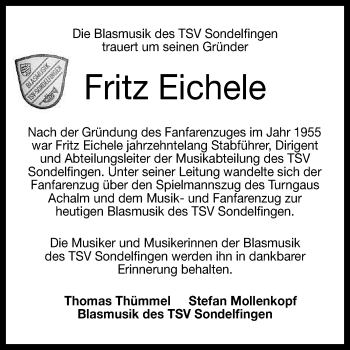 Anzeige von Fritz Eichele von Reutlinger Generalanzeiger