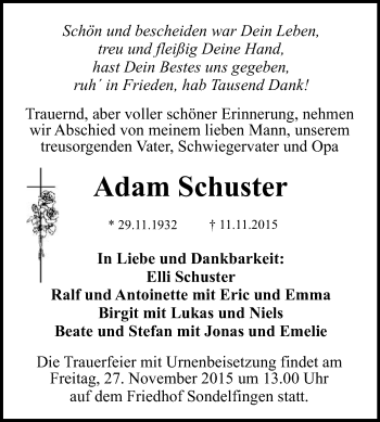 Anzeige von Adam Schuster von Reutlinger Generalanzeiger