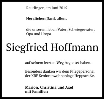 Anzeige von Siegfried Hoffmann von Reutlinger Generalanzeiger