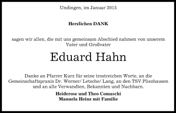 Anzeige von Eduard Hahn von Reutlinger Generalanzeiger