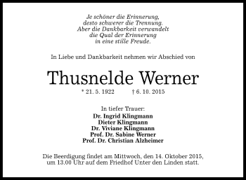 Anzeige von Thusnelde Werner von Reutlinger Generalanzeiger