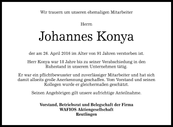 Anzeige von Johannes Konya von Reutlinger Generalanzeiger