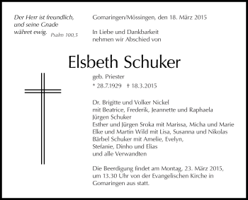 Anzeige von Elsbeth Schuker von Reutlinger Generalanzeiger