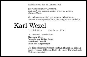 Anzeige von Karl Wezel von Reutlinger Generalanzeiger