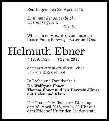 Anzeige von Helmuth Ebner von Reutlinger Generalanzeiger