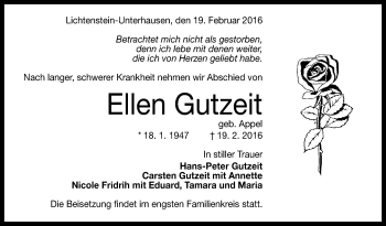 Anzeige von Ellen Gutzeit von Reutlinger Generalanzeiger