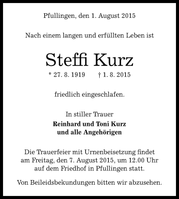 Anzeige von Steffi Kurz von Reutlinger Generalanzeiger
