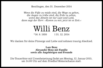 Anzeige von Willi Benz von Reutlinger Generalanzeiger