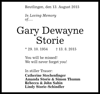 Anzeige von Gary Dewayne Storie von Reutlinger Generalanzeiger