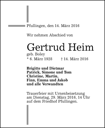 Anzeige von Gertrud Heim von Reutlinger Generalanzeiger