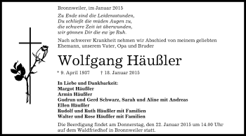 Anzeige von Wolfgang Häußler von Reutlinger Generalanzeiger