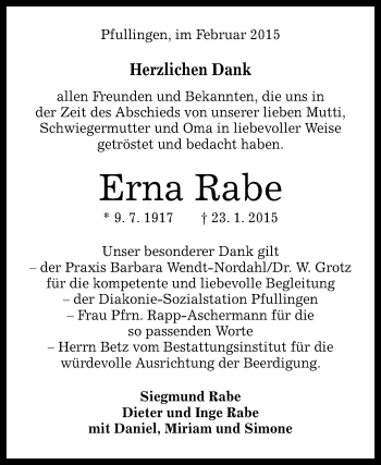 Anzeige von Erna Rabe von Reutlinger Generalanzeiger
