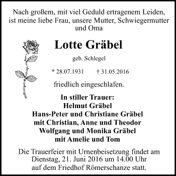 Anzeige von Lotte Gräbel von Reutlinger Generalanzeiger