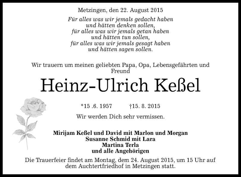  Traueranzeige für Heinz-Ulrich Keßel vom 22.08.2015 aus Reutlinger Generalanzeiger