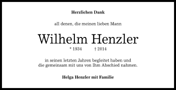 Anzeige von Wilhelm Henzler von Reutlinger Generalanzeiger