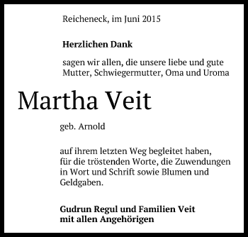 Anzeige von Martha Veit von Reutlinger Generalanzeiger