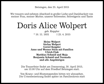 Anzeige von Doris Alice Wolpert von Reutlinger Generalanzeiger